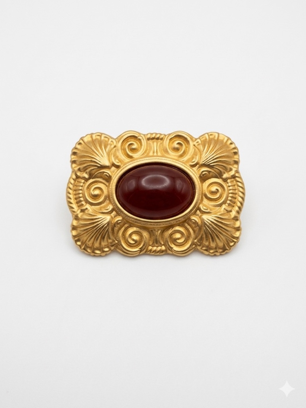Ornate Vintage Gold Scalloped Brooch Deep Red Cabochon Dark Academia Statement